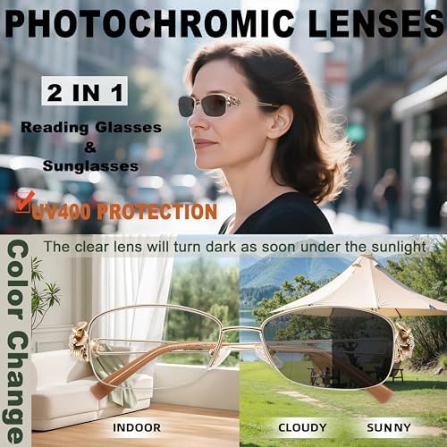 touk Photochromic Progressive Multifocal Reading Glasses for Women, Stylish Half Rim Metal Frame Anti Blue Light Sun Readers