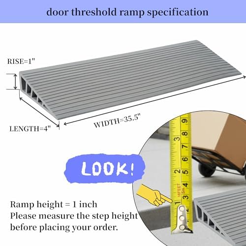 1" Rise Threshold Ramps for Doorways, Rubber Wheelchairs Ramps for Home, Self-Adhesive Door Ramp, 35.5" Wide Trimable Transition Strip, Suitable for Thresholds and Curbs.(Grey, 1" Rise)