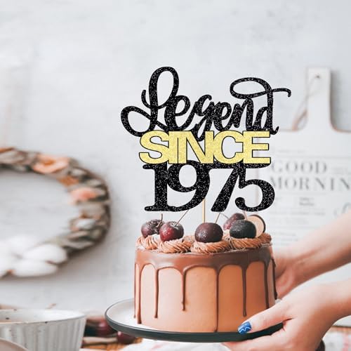 Legend since 1975 cake topper, men and women cheer 51 years old happy birthday cake topper black gold glitter cake decoration supplies (1975, black gold)