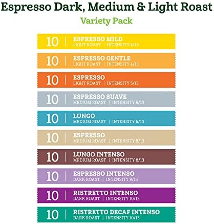 Amazon Fresh Espresso Dark, Medium & Light Roast Aluminum Capsules, Variety Pack, Compatible with Nespresso Original Brewers, 100 Count (10 Packs of 10)