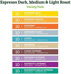 Amazon Fresh Espresso Dark, Medium & Light Roast Aluminum Capsules, Variety Pack, Compatible with Nespresso Original Brewers, 100 Count (10 Packs of 10)