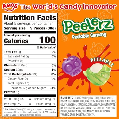 AMOS Halloween Candy Pumpkin Jar Bucket – Peelable Gummy Mummy & Zombie Shapes, Individually Wrapped, 5.29oz