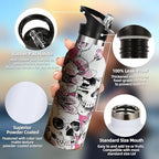 Skull Sport Water Bottle with Straw, Vacuum Insulated Stainless Steel Thermal Drinking Travel Mug Cups For Gym Fitness Camping-20oz/600ml