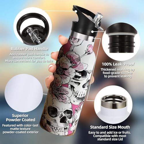 Skull Sport Water Bottle with Straw, Vacuum Insulated Stainless Steel Thermal Drinking Travel Mug Cups For Gym Fitness Camping-20oz/600ml
