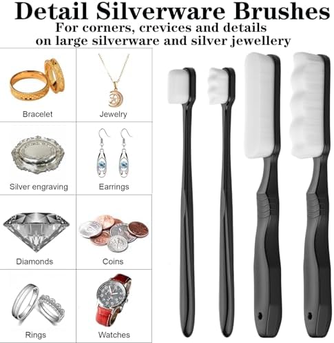 7Pcs Silver Cleaning Kit，with 4Pcs Ultra-Soft Brushes & 2Pcs Polish Cloths & 1Pcs Silver Polish Sticks - Tarnish Removal for Antique Jewelry, Sterling Silverware, Cutlery & Plateware - Safe for Gold, Diamonds, Platinum, Gemstones and Coins