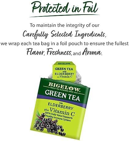 Bigelow Tea Green Tea Elderberry plus Vitamin C, Caffeinated, 18 Total Tea Bags (Pack of 1)