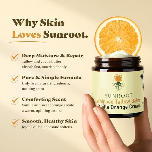 Whipped Tallow Balm, Vanilla Orange Cream Moisturizer, Natural Ingredients, Glass Jar, 2.85 oz, Face and Body Care