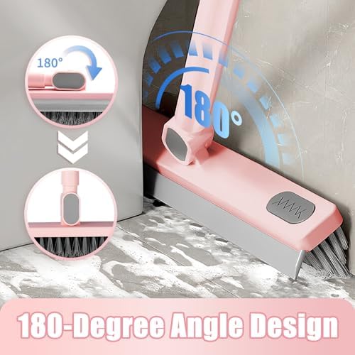 Floor Scrub Brush with Long Handle 58'’ Telescopic Handle 2 in 1 Scrape Brush, V-Shaped Corner Stiff Bristle Floor Scrubber with Squeegee for Cleaning Shower Bathroom Garage Kitchen Wall Tub Deck Tile
