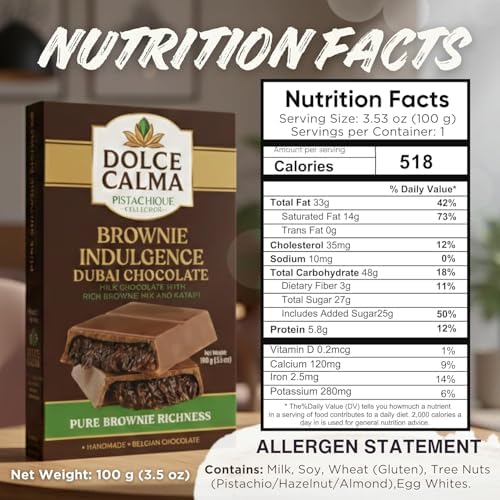 Dolce Calma Viral Dubai Brownie Chocolate Bar (100g / 3.5oz) – Authentic Handmade Belgian Chocolate with Turkish Pistachio & Crispy Kataifi, Premium Quality Luxury Cream Kunafa Filling, No Palm Oil