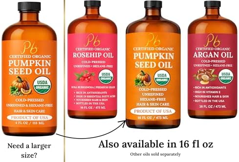 Pumpkin Seed Oil – USDA Organic, Cold-Pressed & 100% Pure, Unrefined, Pumpkin Oil for Hair Growth, Dry Skin & Face – Natural Anti-Aging Moisturizer & Hair Oil for Dry, Damaged Hair – Glass Bottle