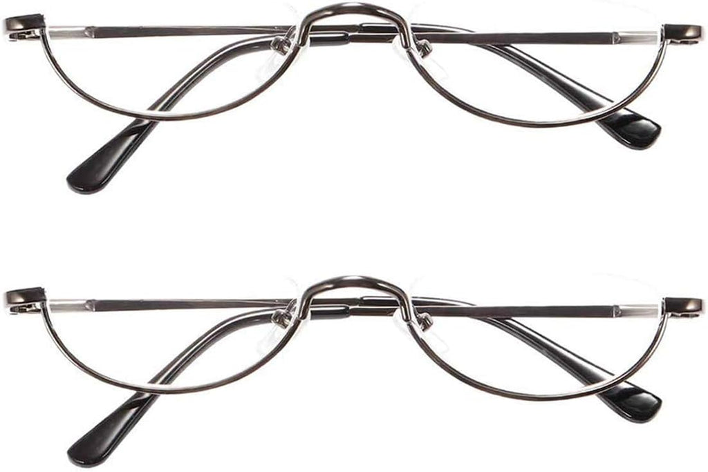 REAVEE 2 Pack Retro Designer Half Moon Reading Glasses for Women Men Spring Hinge Half Frame Readers Stylish Slim Eyeglasses with Pouch, Gun Grey 2.0