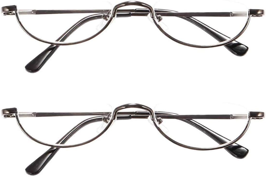 REAVEE 2 Pack Retro Designer Half Moon Reading Glasses for Women Men Spring Hinge Half Frame Readers Stylish Slim Eyeglasses with Pouch, Gun Grey 2.0