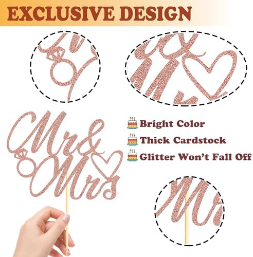 Sotpot 1 Pack Mr Mrs Cake Topper, Rose Gold Glitter Love Mr Mrs Cake Pick Wedding Party Decorations Bridal Shower Wedding Cupcake Decoration Party Supplies