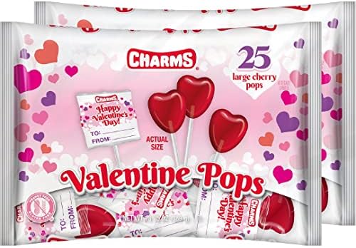 Charms Cherry Valentine Pops 25 count Bag - 2 Pack Total 50 Lollipops Cherry Heart Shape with Valentine's Wrappers