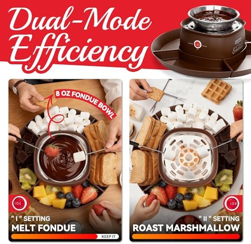 SugarWhisk 2 in 1 Electric Smore Maker & Fondue Set, Marshmallow Roaster with 4 Forks, Indoor Smores Kit for Kids & Couples, Cheese & Chocolate Fondue Pot, 4 Detachable Trays, Brown