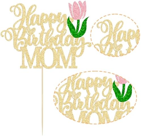 Ephlyn 1Pc Happy Birthday Mom Cake Topper Glitter Best Mom Ever Cake Picks Happy Mother's Day Cake Decoration for Happy Mother's Day Birthday Party Cake Decorations Supplies Gold