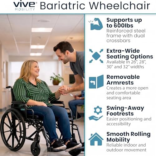 Vive Extra-Wide Bariatric Wheelchair for Adults (600 LB Capacity) Foldable, Heavy Duty, Manual & Transport Wheel Chair - Portable Senior Drive Travel Scooter for Elderly Transfers (26" Seat)