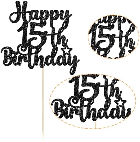 Gyufise 1Pc Happy 15th Birthday Cake Topper Glitter 15 & Fabulous Cheers to 15 Years Old Cake Pick for Celebrating 15th Birthday Anniversary Party Cake Decorations Supplies Black