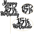 Gyufise 1Pc Happy 15th Birthday Cake Topper Glitter 15 & Fabulous Cheers to 15 Years Old Cake Pick for Celebrating 15th Birthday Anniversary Party Cake Decorations Supplies Black