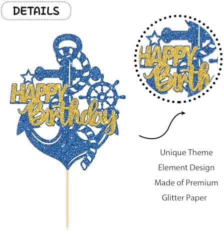 Ship's Anchor Happy Birthday Cake Topper, Nautical Baby Shower Cake Decor, Sailor Men Boy Birthday Party Decorations Supplies Blue Glitter