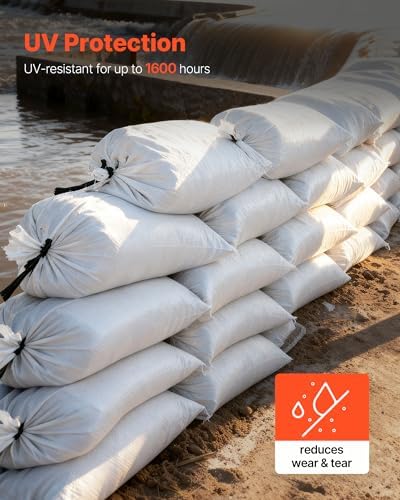 VEVOR Heavy Duty Sand Bags, 100 Pack 16" x 26", Empty Sandbags for Flooding with Tie Strings, Woven Polypropylene Sand Bag with 1600 Hours of UV Protection, 50Lbs Capacity