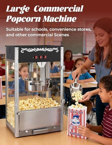 Commercial Popcorn Machine, Authentic 16oz Kettle Countertop Popcorn Maker with Waming Deck, 1600W Large Popcorn Machine for Restaurant, Concession Stand, Carnival, School, Black