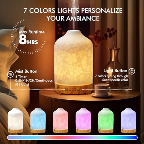 Essential Oil Diffuser Ceramic Diffuser -Aromatherapy Diffuser for Essential Oils with Timer and 7 Colors LED Light Ultrasonic Diffuser with Auto Shut-Off, Home Office Decor&Gift (Blossom-150ml)