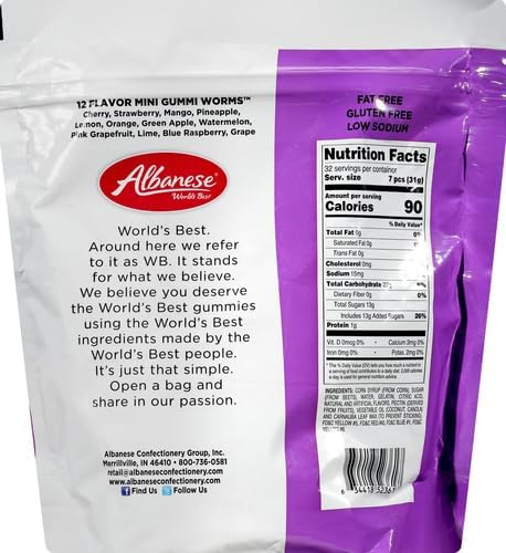 Albanese World's Best 12 Flavor Mini Gummi Worms, 36oz Bag of Candy, Soft & Chewy Candy Snacks, Fruity Flavor Assortment