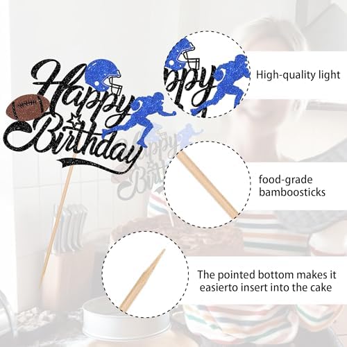 1 PCS Happy Birthday Football Cake Topper Glitter Men Rugby Player Scene Ball Cake Pick Decoration for Bowl Sports Theme Baby Shower Kids Boys Birthday Football Event Party Supplies Black Blue