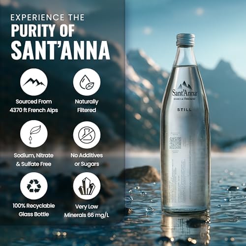 Sant'Anna Still Mineral Water, 25.4 Fl Oz (6-Pack) | Pure French Pyrenees Mountain-Fresh Drinking Water | Natural Functional Drink | Sodium-Free Mineral in Glass Bottles