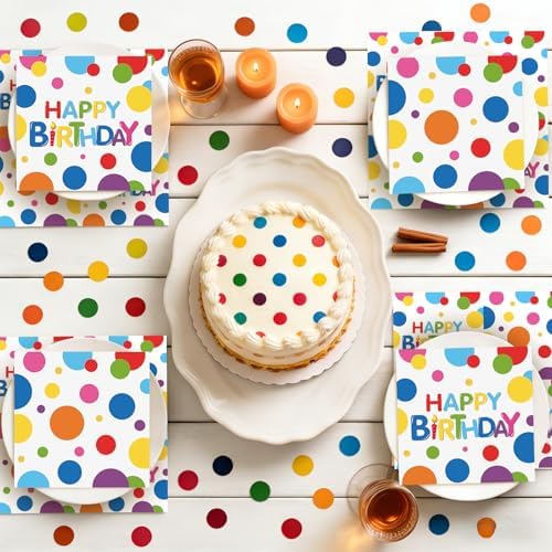 40 Pcs Happy Birthday Napkins, 6.5X6.5 Inch Colourful Dots Paper Napkin, Disposable Square Lunch Dinner Cocktail Napkins for Adults & Kids Happy Birthday Day Party Supplies Table Decorations