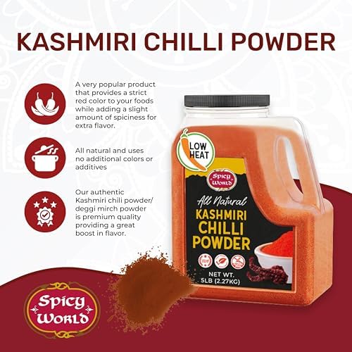 Kashmiri Chili Powder 5 LB Bulk Jar - All Natural, Low Heat Chilli Powder (Deggi Mirch), Salt-Free, 100% Natural Authentic Indian Spice by Spicy World