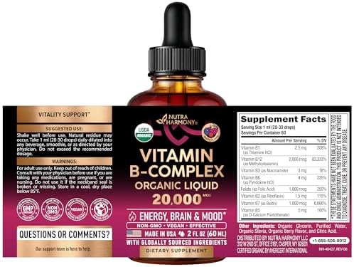 USDA Organic Vitamin B-Complex B5 Pantothenic Acid | B12 Methylcobalamin | B1 Thiamine | B6 Pyridoxine | B7 Biotin | B9 Folic | B3 Niacinamide - B Complex Liquid Drops, Made in USA Supplement, 2fl oz