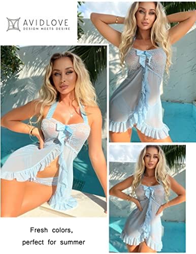 Avidlove Women Lingerie Sexy Open Front Lace Babydoll Dress with Thong Halter Mesh Nightgown XS-5XL