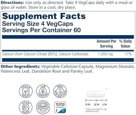 Solaray Calcium Citrate 1000mg - Chelated Calcium Supplement - Supports Bone Strength and Healthy Teeth - Easy to Digest - Vegan - 60 Servings, 240 VegCaps