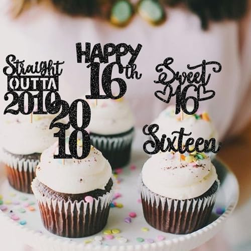 30PCS Black 16th Birthday Cupcake Toppers Glitter Sixteen Happy 16 Straight Outta 2010 Cupcake Picks for Cheers to 16 Years 16th Birthday Wedding Anniversary Party Cake Decorations Supplies