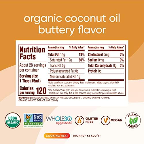 Nutiva Organic Coconut Oil with Non-Dairy Butter Flavor, 14 Ounce (Pack of 2), USDA Organic, Non-GMO, Whole 30 Approved, Vegan & Gluten-Free, Plant-Based Replacement for Butter