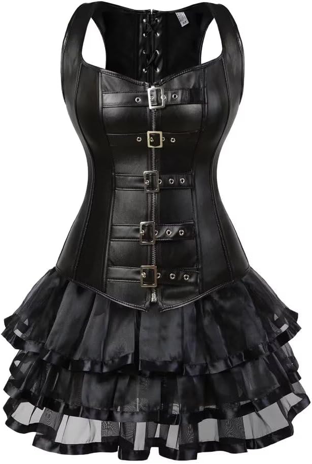 Corset Dress Bustier Skirt Set Steampunk Leather Burlesque Shoulder Straps Plus Size Halloween