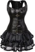 Corset Dress Bustier Skirt Set Steampunk Leather Burlesque Shoulder Straps Plus Size Halloween