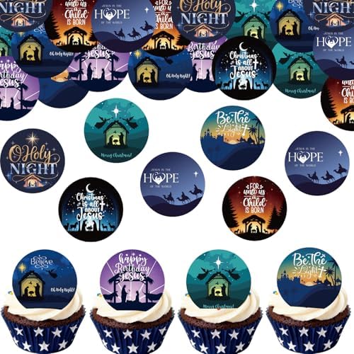 36PCS Edible Christmas Religious Nativity Cupcake Toppers Wafer Paper Happy Birthday Jesus Cupcake Picks Holy Nativity Toppers for Christmas Jesus Theme Party Decor Supplies (Pattern 1)