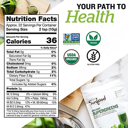 Sunfood Supergreens - Greens Superfood Powder, Super Greens Powder, Organic Greens Blend, Daily Green Juice Powder, Vegetable Smoothie Drink Mix for Gut Health with Chlorella & Spirulina - 8 oz Bag