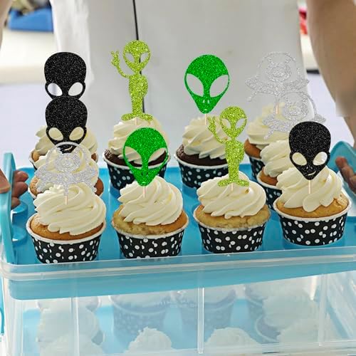 24 Pack Alien Cupcake Toppers Glitter Space Invaders Outer Space UFO Cupcake Picks for Kids First Birthday Astronaut Gender Reveal Cake Decorations Party Supplies Black Green