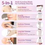 Electric Razors for Women, 5 in 1 Painless Ladies Wet & Dry Body Razors and Facial Hair Remover, Rechargeable Facial and Body Hair Remover for Face Nose Eyebrow Arms Armpit Legs Pubic Area（White）