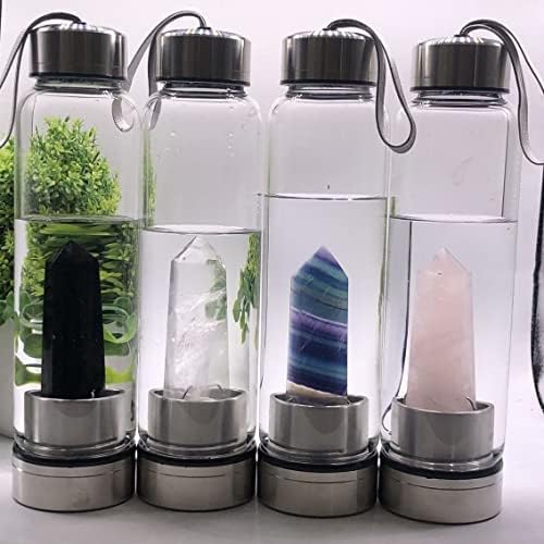 PAHION Crystal Water Bottle With Gemstone Center Decorated Natural Quartz Crystal Gem Healing Elixir Point Reiki Obelisk Wand For Making Elixir Energy Gemwater Infused Water