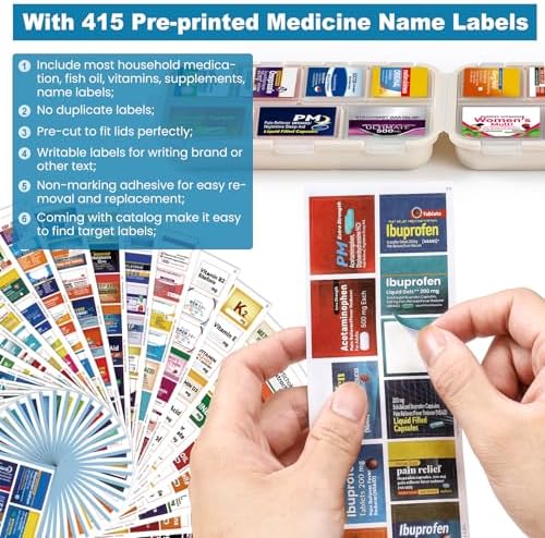3 Pack 14 Grids Travel Pill Organizer Box with 415-Pcs Medicine Name Labels - Pocket Daily Pharmacy Case Container Kit - Travel Medication Holder Dispenser for Fish Oil Vitamin Supplement Storage