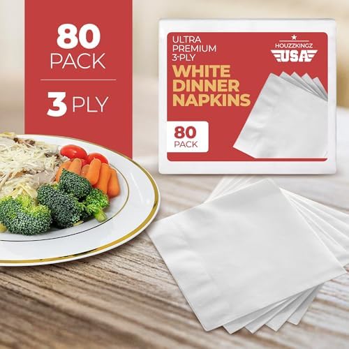80 Premium 3-Ply White Dinner Napkins Disposable for Party Wedding Reception, Paper Decorative Linen Like Vanity Fair Napkins for Everyday Bulk - 15” X 17” Size Soft Thick Absorbent Napkin