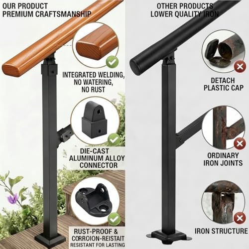 Metal Handrail Wood Grain for Elderly, 3 Step Hand Rails for Outdoor Steps, Outdoor Indoor Stair Handrails Kit, Porch Hand Rails for Concrete Steps