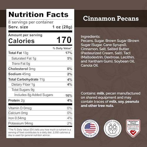 HUDSON PECAN COMPANY: Cinnamon Candied Pecans | Georgia Grown Family Owned. Cinnamon & Sugar Candy Coated, Expertly Baked to Perfection, (Perfect for Salads, Baking, Snacking & Gifting), 8oz