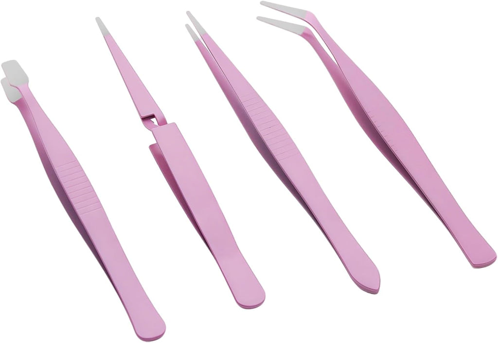 4PCS Pink Sticker Tweezers Set, Cute Craft Tweezers for Stickers, Scrapbooking, Vinyl, Lashes, Electronics
