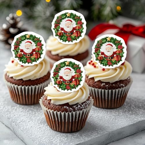 50 PCS Edible Merry Christmas Wreath Cake Decorations Edible Xmas Santa Claus Party Cake Toppers Wafer Paper Christmas Decorations for Xmas Themed Baby Shower Birthday Party Cake Decorations Supplies
